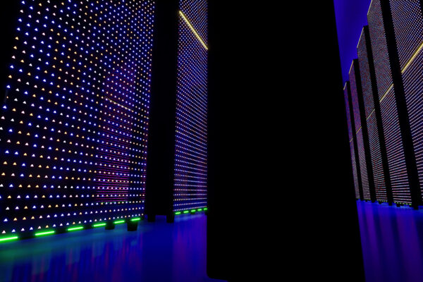 Data servers behind glass panels. Data center. Big data. Super computer. 4k